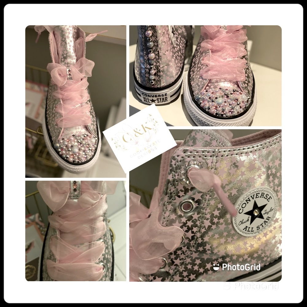 Silver Custom Bling Converse with pink stars by Cookie&Kate Designs (TM)